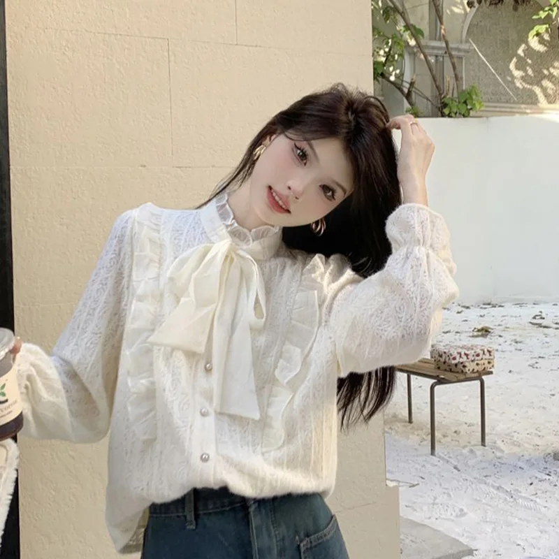 Spring Autumn Fashion Bow Lace Flare Sleeve Knitted Shirts Women's Clothing Elegant Soft Solid Loose Open Stitch Shirts