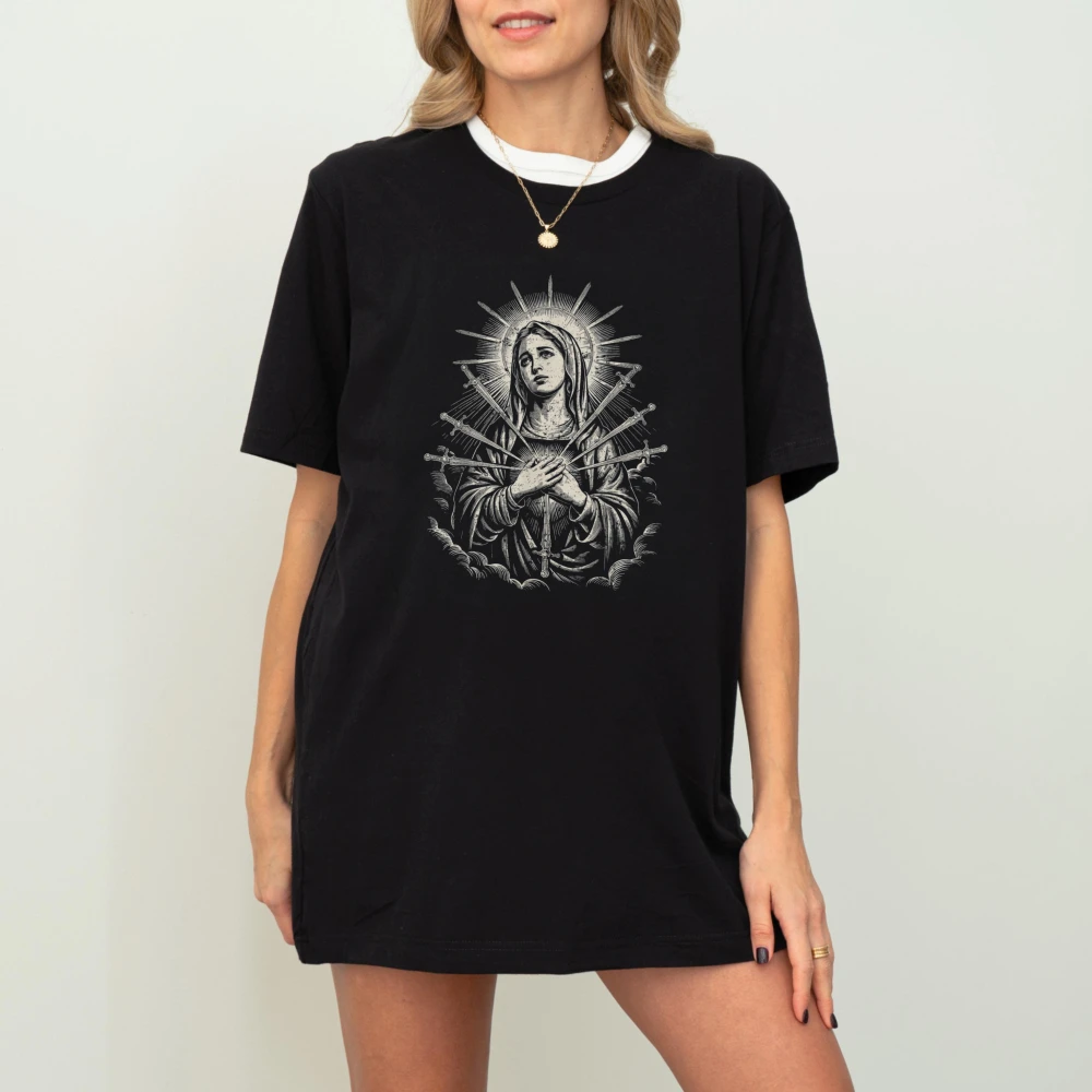 Sorrowful Virgin Mary Short-sleeve Cotton Tshirt Seven Swords Vintage Engraving Unisex Tees Fashion Catholic Religious Tee