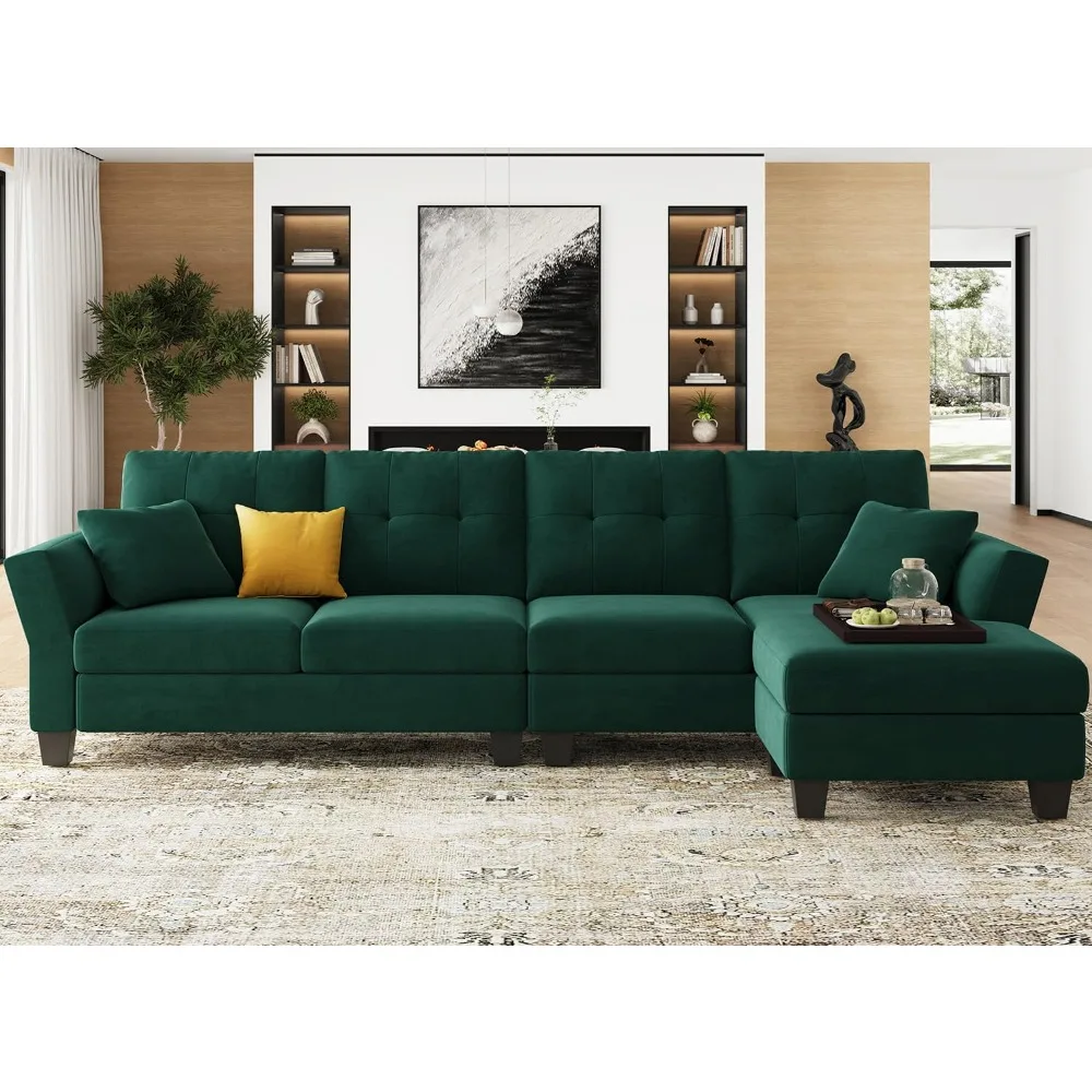 

Convertible Sectional Couch Velvet L Shaped Sofa 4 Seat Sofa with Chaise L-Shaped Couches Reversible Sectional Sofa (Dark Green,