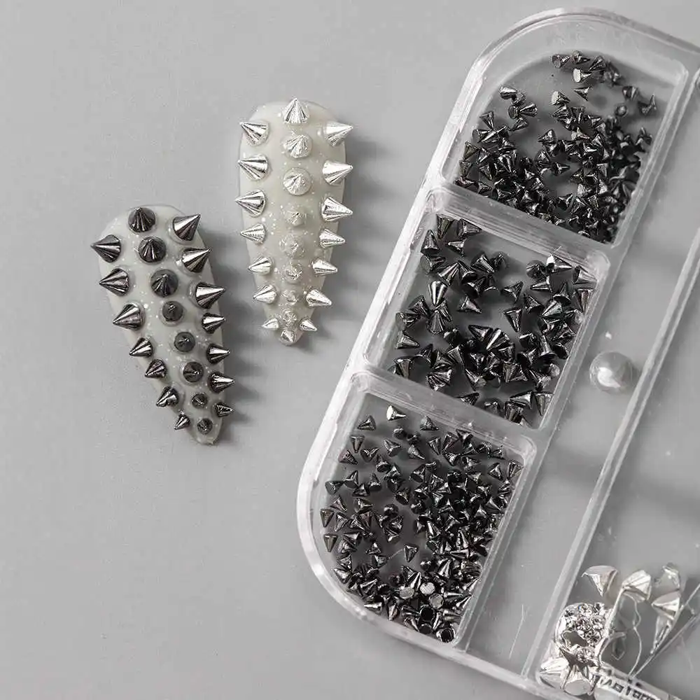 6Grids 3D Mini Punk Metal Nail Studs 1/2/3mm Mix Size Silver Black Nail Art Charms Alloy Rivets Stick Cone DIY Crafts Decoration