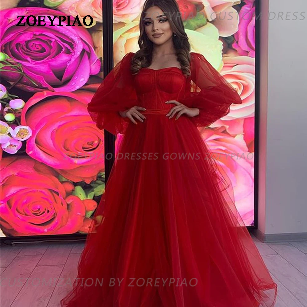 

Red Prom Dress Off Shoulder Evening Dresses A Line Tulle Dress with Floor Length Elegant vestido Full Sleeves Formal Party Gown