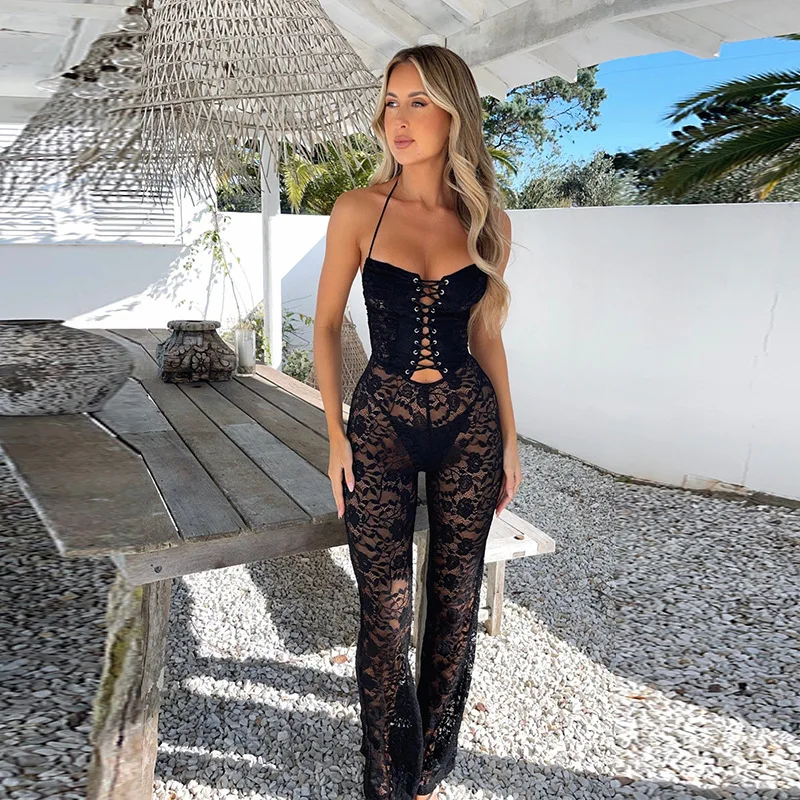 

Lace See Through Sexy Women Jumpsuit 2024 Summer Sheer Flowers Backless Drawstring Halter Straight Overalls Party Clubwear