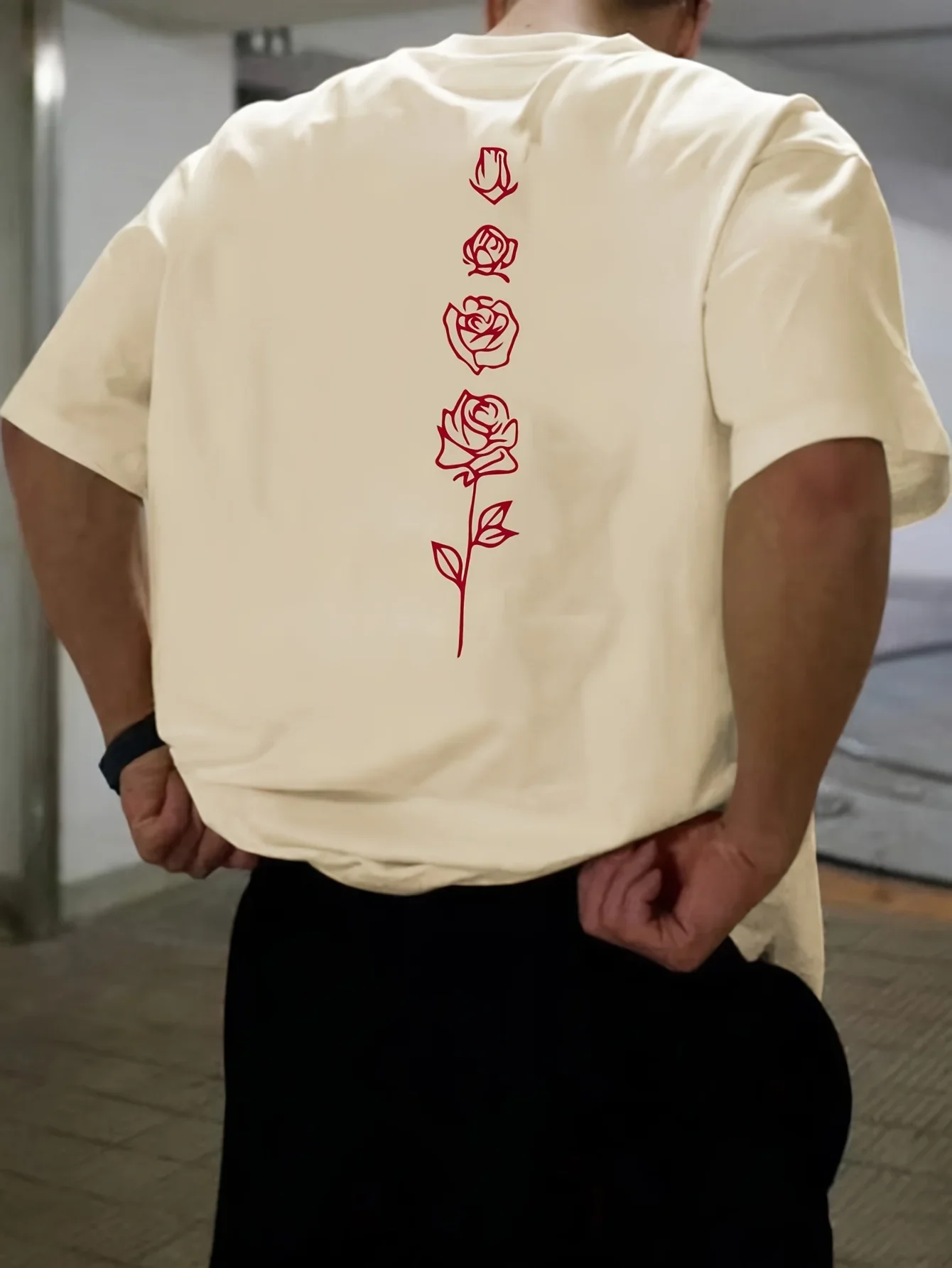 

Pop Men's Summer Loose Fit style Cotton Rose Pattern Print T-shirt Tops