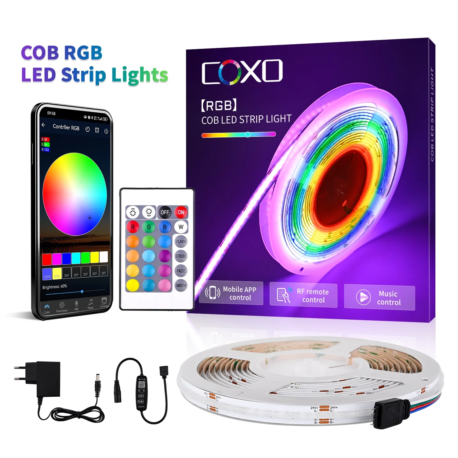 

Светодиодная лента RGB COB с управлением по Bluetooth и RF-приложению, изменение цвета, синхронизация с музыкой, 576 светодиодов/м, гибкая светодиодная лента для декора комнаты, 24В