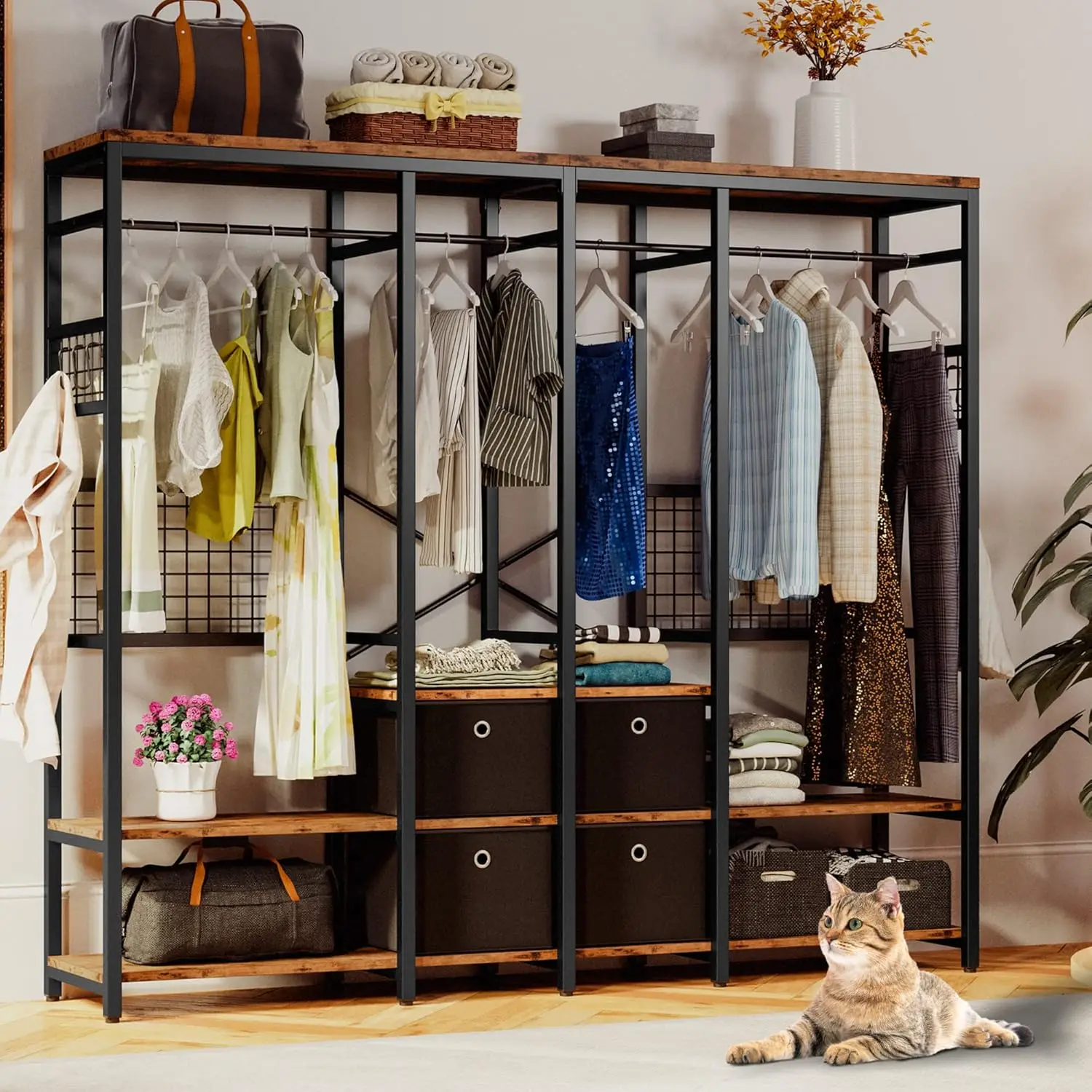 

IRONCK Garment Racks with Shelves 4 Drawers and 8 Hooks Heavy Duty Closet Organizer for Hanging Clothes, Freestanding Closet。