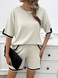 Fitaylor Summer Women Two Piece Sets O-neck Loose Top and Drawstring Wide-leg Shorts Casual Lady Knitted Suits