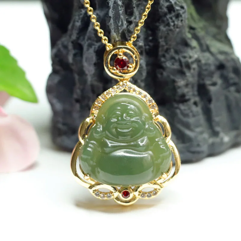 

Green Hetian Jade Maitreya Buddha Pendant Lucky Charm Necklace 2051323