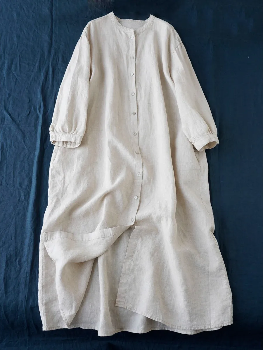 Simple Pure Color Linen Midi irt Dr for plus Size Women with Seven Sve round Ne Single Button A-Line Skirt Dr