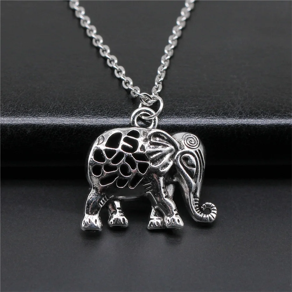  Antique Silver Color 27x29mm Hollow Elephant Pendant Necklace For Women