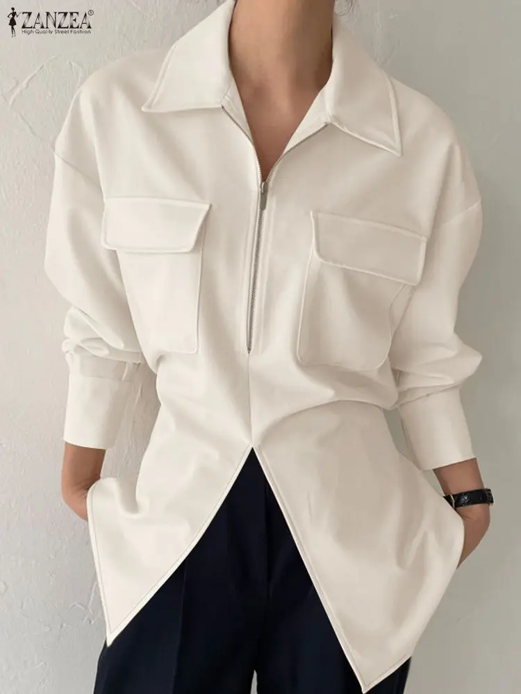ZANZEA Women's Stylish Tied Back Blouses 2025 Autumn Turn-Down Collar Long Sleeve Half-Zipper Slit Hem Blouse Solid Color Tops