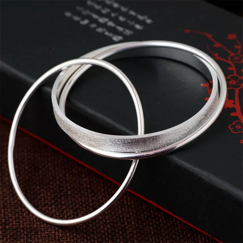 

56-62 мм глянцевые круглые браслеты из стерлингового серебра 925 пробы с плоскими квадратными звеньями Tripe для женщин, 3 круга, однотонный браслет, модные ювелирные изделия