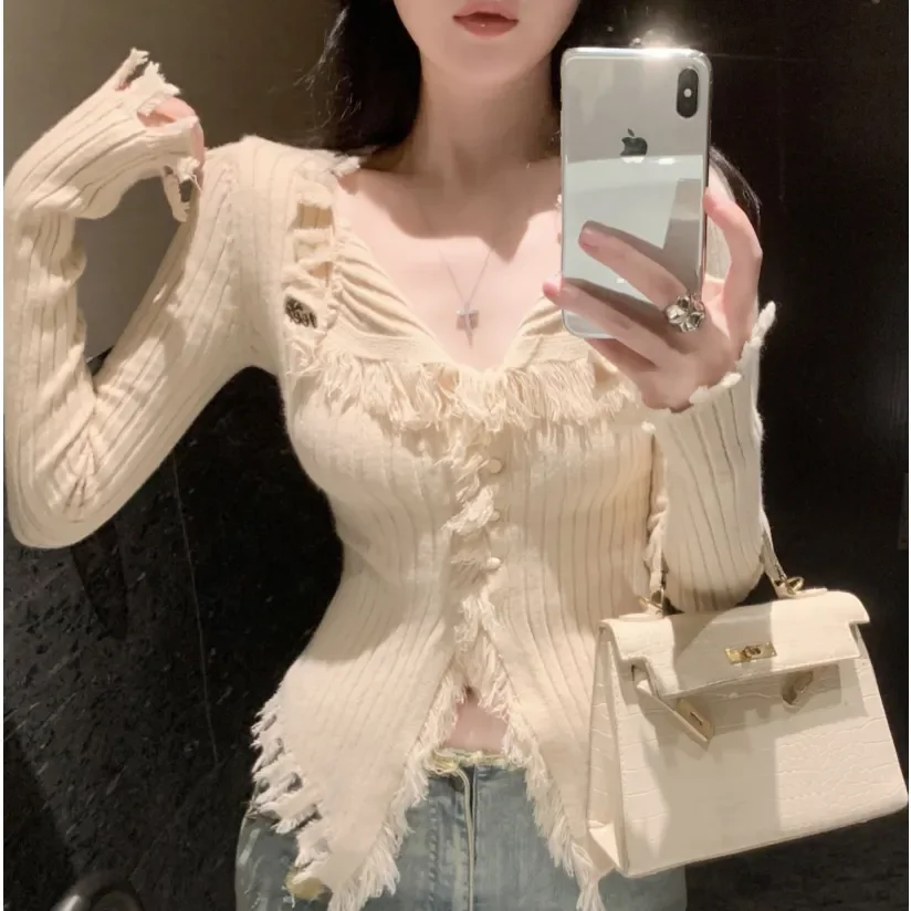 

Ele V-Ne Knitted Sweater Women's Autumn Winter Slimming Design Casual Chic Early Fall Open Cardigan with Frayed s
