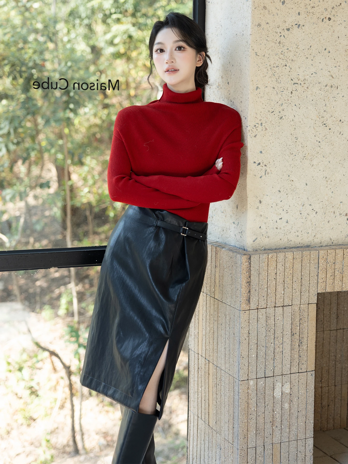 

SerioLudere High Waist Pleated Asymmetrical Skirt Faionable All-Match Egg Character Design Ci Commuting PU Leather S...