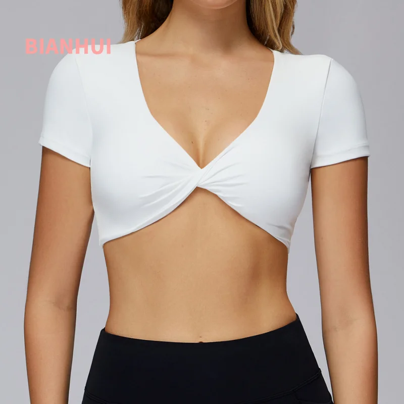 

BIANHUI Nude Feel Ruched Yoga Short Sleeve V Collar Hollow Out Back Tight Top For Running Fitness Women's T-shirt Gym Top