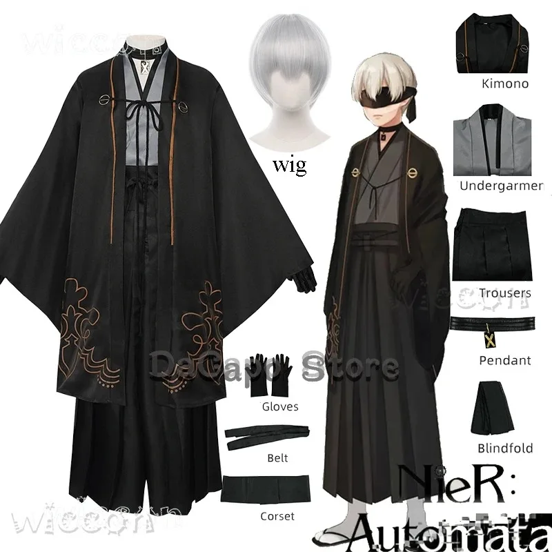 YI01 Yorha 2B 9S Costume Cosplay Nier Automata Donna Uomo Parrucca Abiti Cosplay Stile Kimono Holloween Party Uniformi Nere DOJk8 * @
