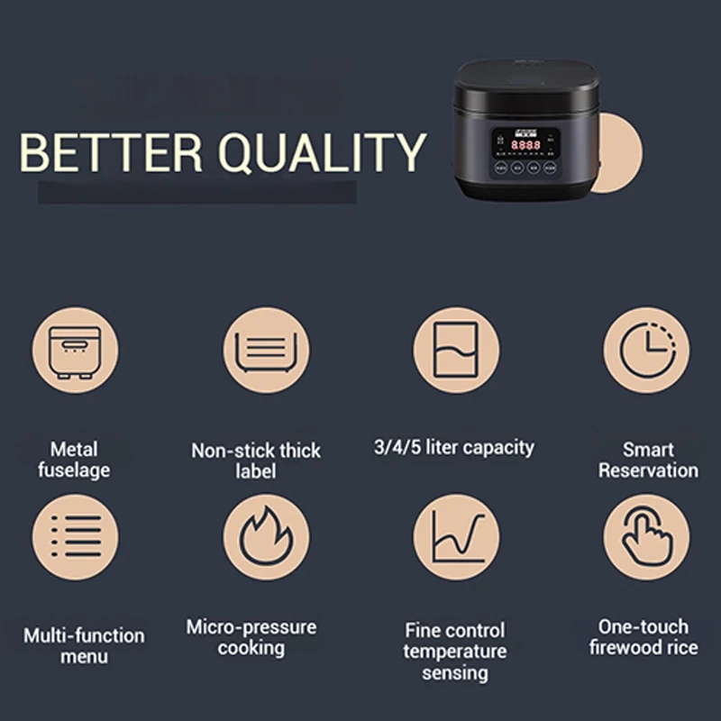 طباخ الأرز الكهربائي المنزلي الذكي، وعاء داخلي غير لاصق، شاشة رقمية لطباخ الأرز متعدد الوظائف سعة 3-5 لتر