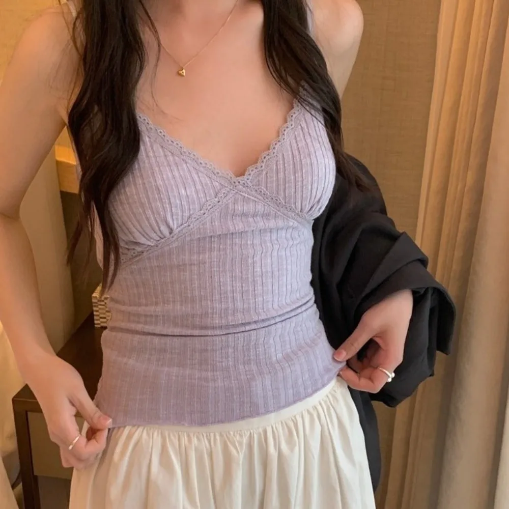 Fashion V Neck Lace Trim Vest Built-in Bra Short Backless Strappy Vest Slim Fit Sleeveless Top Summer