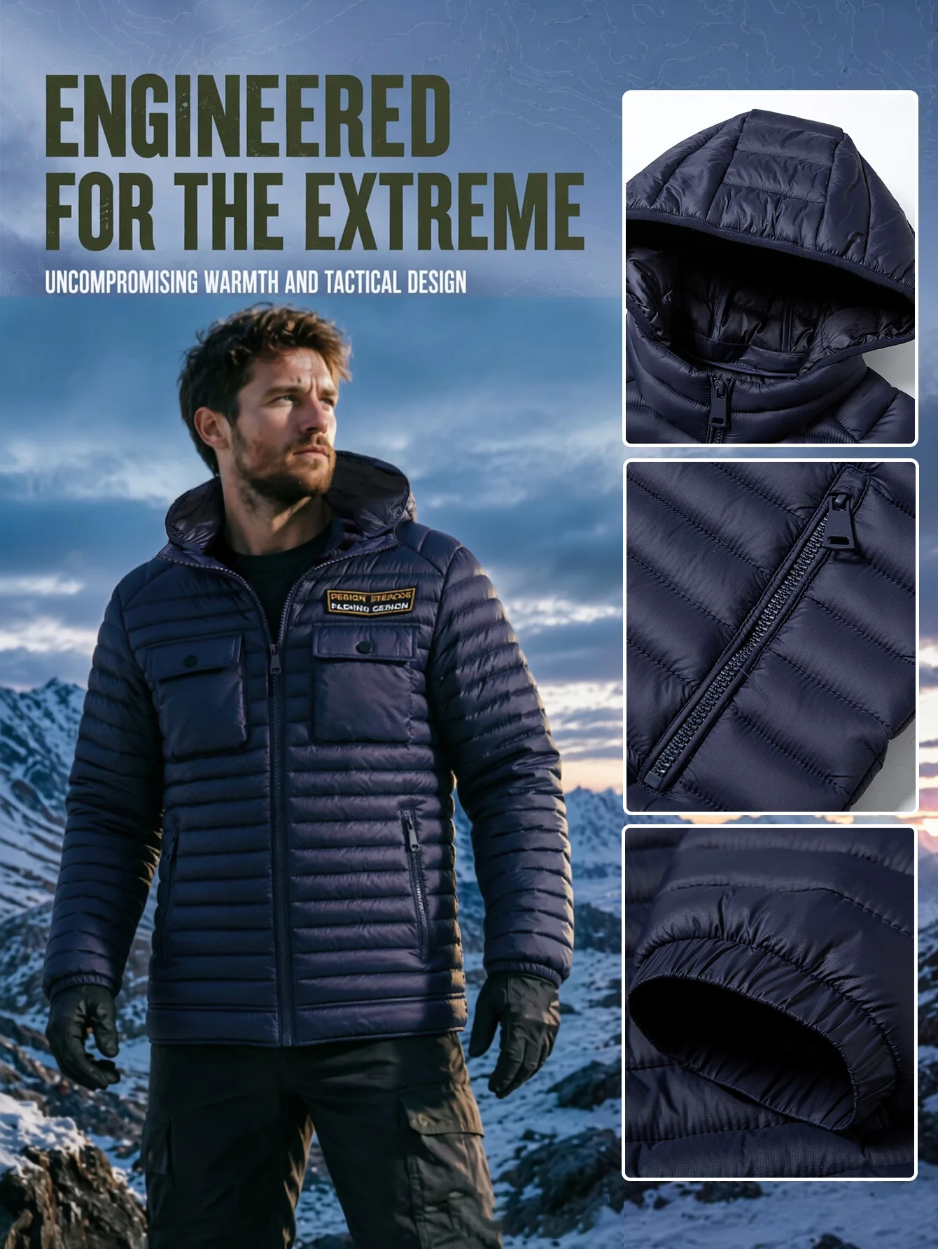 Men's Winter Hooded Jacket Lightweight Windproof Quilted with Embroidered Pocket Warm Casual Outdoor Daily Cotton Jacket