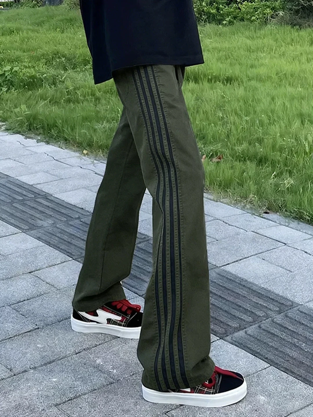 

Military een Tee-Stripes Casual Sports Pants Men's High Street Straight Leg Micro Flare Cleanfit Spring Autumn Youth Trou...