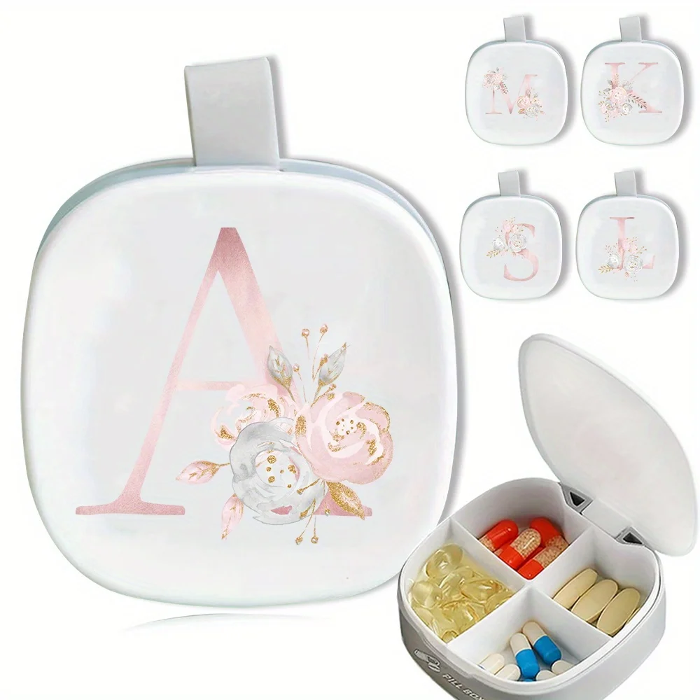 

Pill Box Storage Container Portable Pill Planner Organizer Waterproof Pill Holder Initial Name Pink Flower 26 Letters Pattern