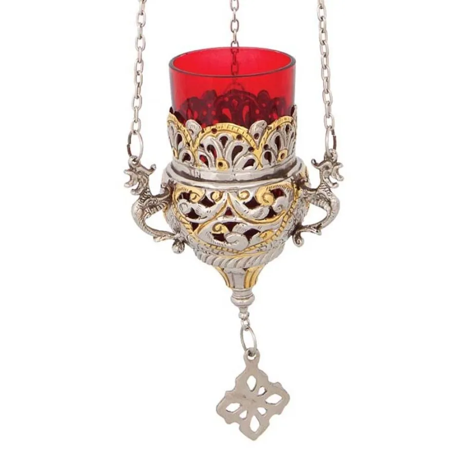 

Orthodox Greek Christian Bronze Hanging Votive Vigil Oil Lamp with Chain and Red Glass - 9503gn