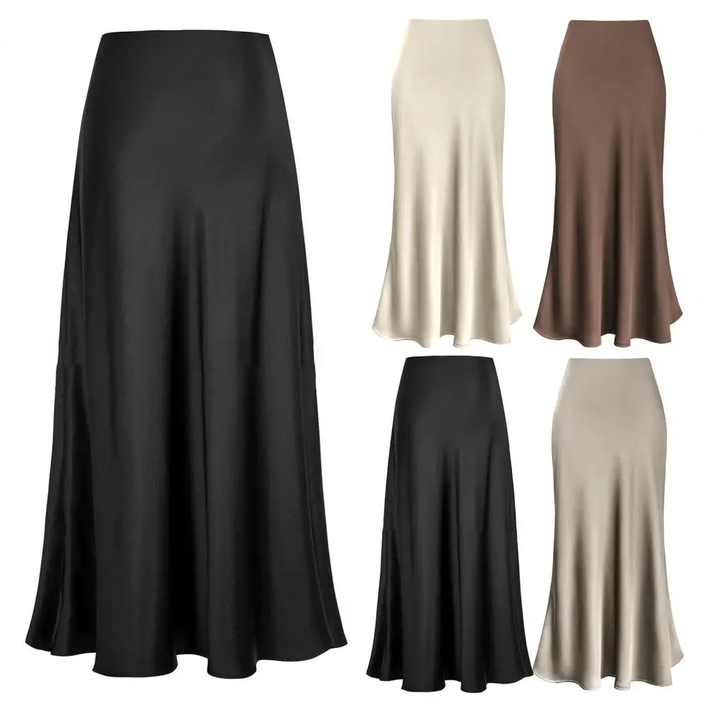 

Women Elegant Faux Silk Satin Skirt High Waist Fishtail Skirt A-Line Solid Color Glossy Office Lady Skirt Workwear