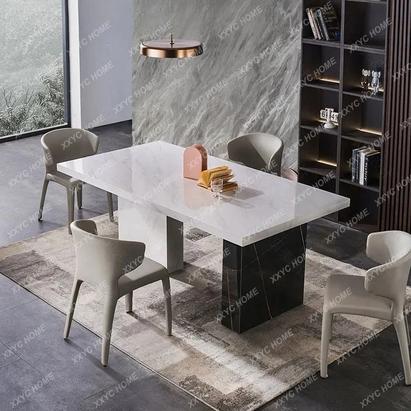 Llight luxury bright stone slab dining table and chairs household marble dining table