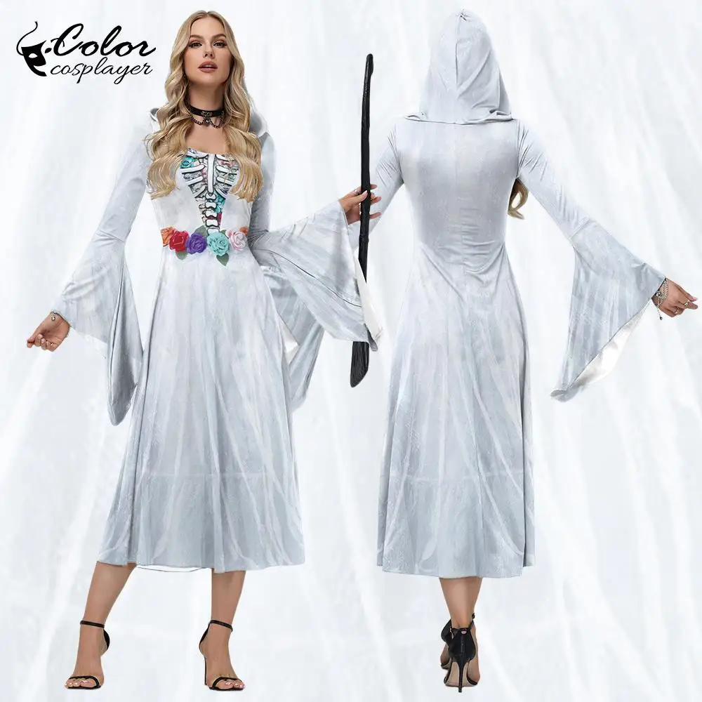 Color Cosplayer White Hooded Long Dress Ghost Bride Cosplay Costume Halloween Gothic Wedding Dress Witch Gown Festival Outfit