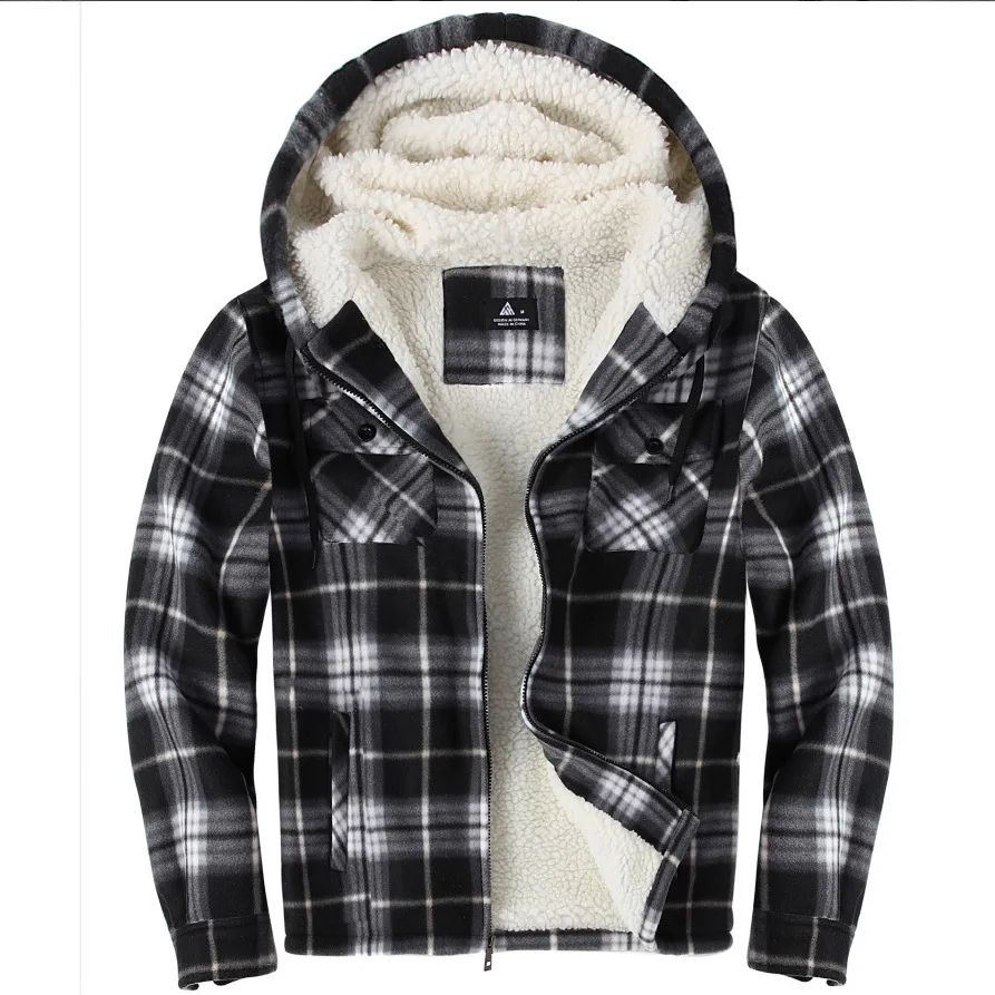 

Winter Men's Heavyweight Fleece Jacket Thicken Warm Lined Hooded Coat Zipper Plaid Shirt Comfortable Stylish