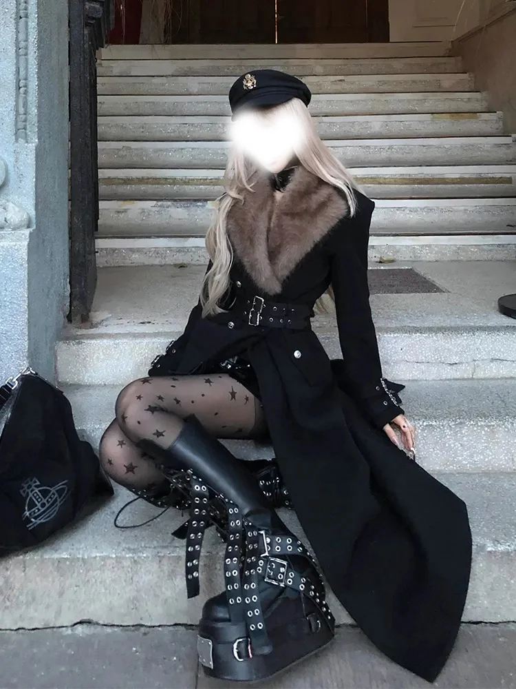 

Punk Sle Women's Long Woolen Coat Winter New Faion Sweet Cool k Series Coat with Fur Collar Waist Cinched Polyester Fiber