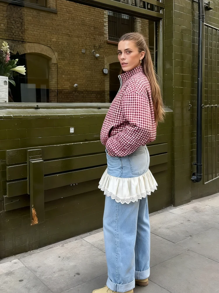 سترة نسائية قصيرة منقوشة باللون الأحمر كاجوال بياقة واقفة وأكمام طويلة وياقة واقفة وسحاب سترات فضفاضة للسيدات ملابس خارجية يومية للشارع #1