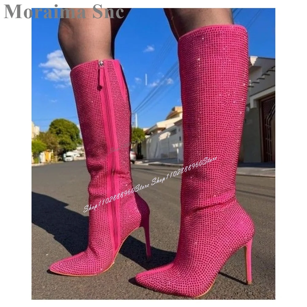 Knee High Pink Crytsal Decor Casual Boots Thin High Heel Women Shoes Side Zipper Pointed Toe 2024 Fashion Zapatos Para Mujere