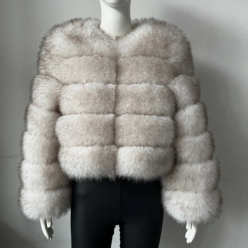 Premium Realistic Faux Fox Fur Coat Women's Collarless Fluffy Short Jacket Horizontal Striped Patchwork Winter Overcoat 2026