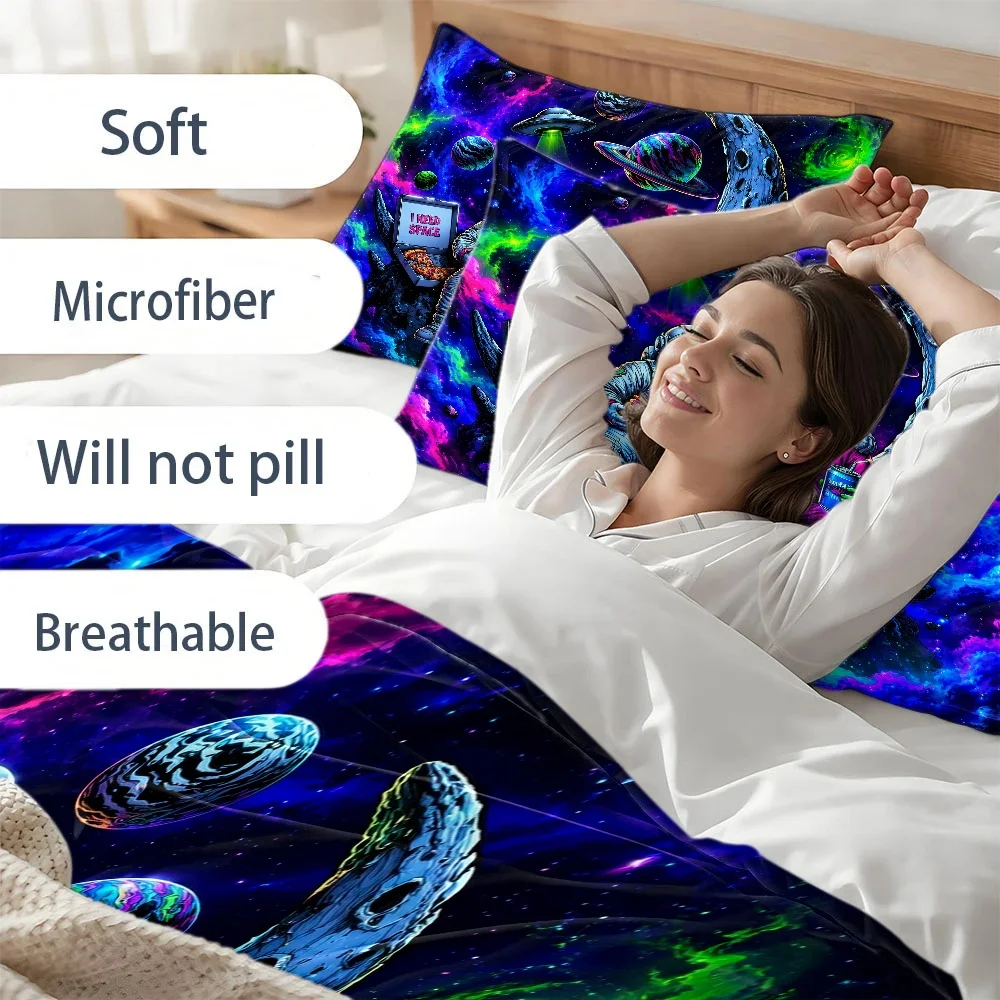 3Pc Psychedelic Space Theme Duvet Cover Set, Three-Piece Bedding Set (1*Duvet Cover + 2*Pillowcases), Suitable for All Seasons, Machine Washable, Large Duvet Cover Set with Invisible Zipper, Suitable for Double Beds, Home, Dormitory, Master Bedroom, Guest Room, Astronaut Alien Starry Sky Print Bedding Set, Personalized Trendy Cosmic Style Bed Cover Set, Popular Creative Sleep Bedding Set with 2D Flat Print
