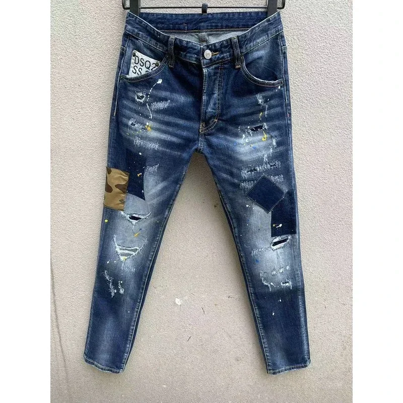 

2025 European Italy Style Men Slim Jeans Pants Italy Brand Grey Hole Zipper Slim Brand ICON Jeans Pencil Pants for Men Cloth