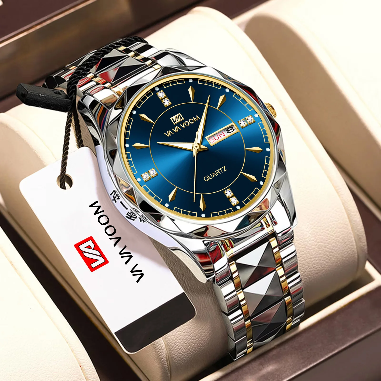 Stainless Steel Men Watches With 41mm Rhinestone Scale Blue Dial Luxurious Gold Circle Quartz Business Sports Week Watch for Men