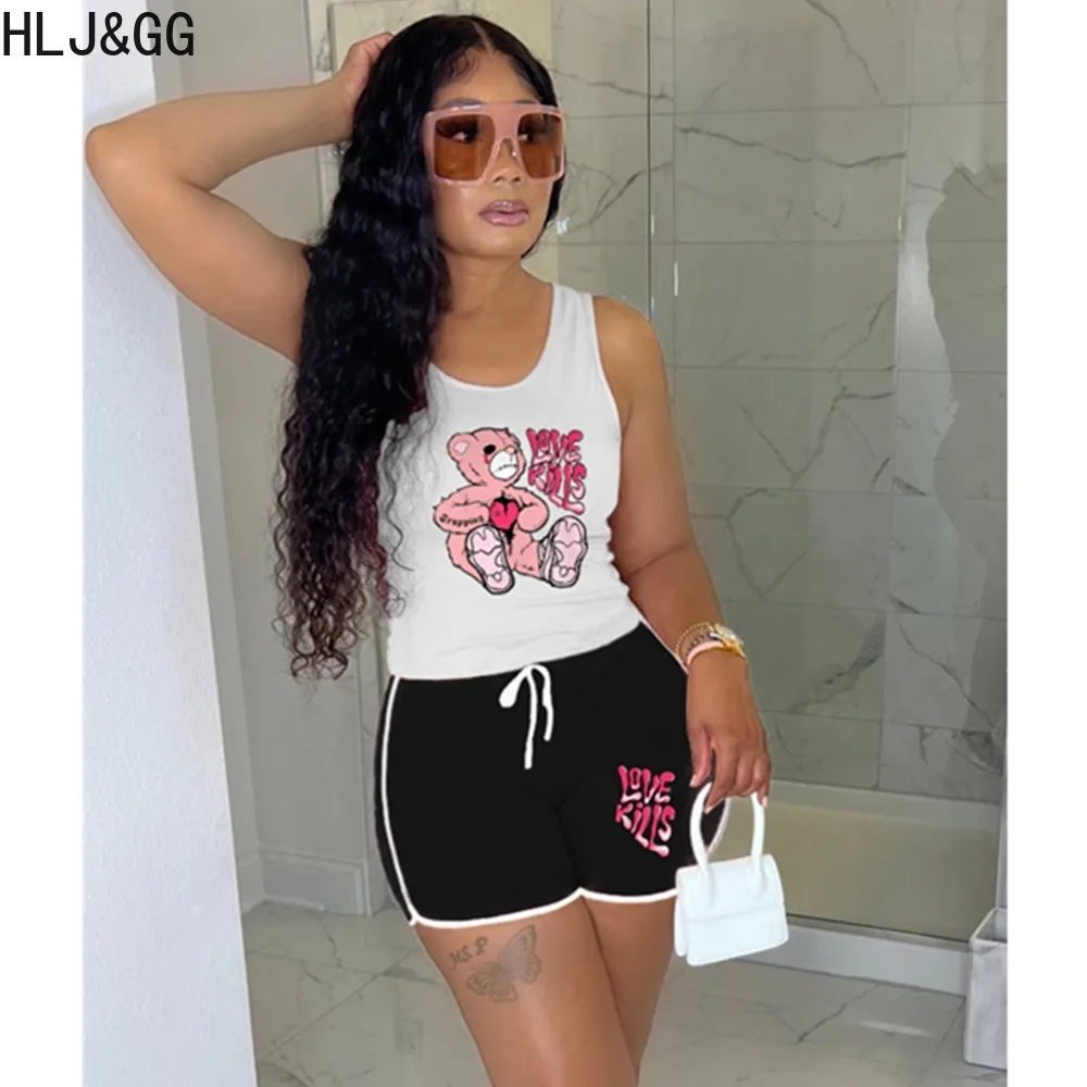 HLJ&GG Summer Pattern Printing Shorts Two Piece Sets Women Round Neck Sleeveless Vest And Shorts Tracksuits Casual 2pcs Outfits