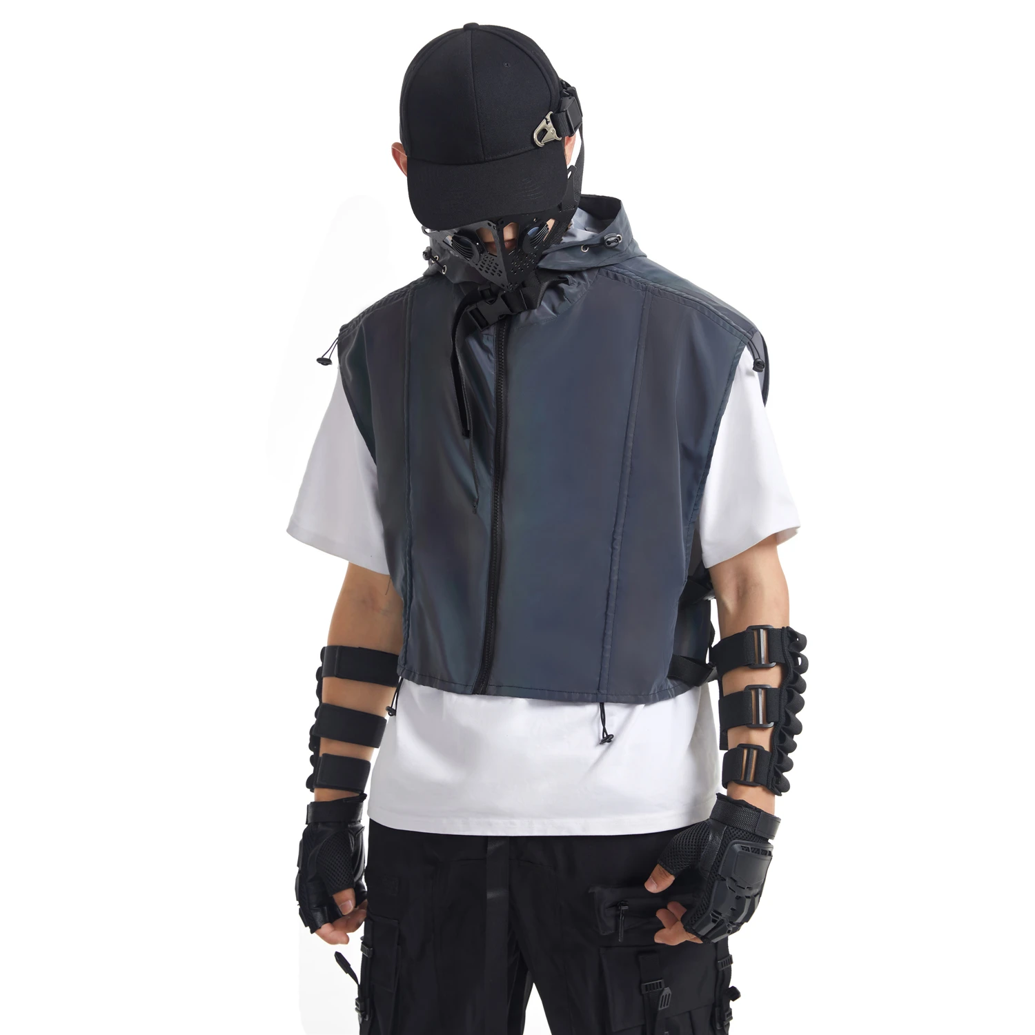 

Hip Hop Colored Reflective Hooded Vest Adjustable Buckle Sleeveless Jacket Personality Outdoors Jacket Outdoor Waistcoat