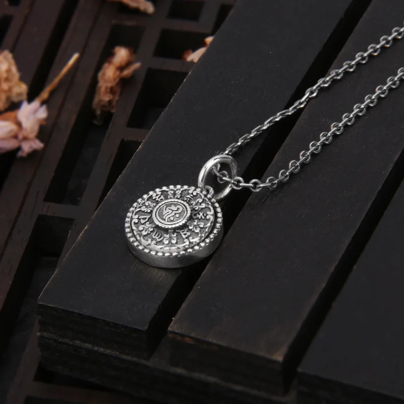 S925 Pure Silver Swivel Six Words Round Pendant Thai Silver National Windhang Rotatable Moving Disc Spinable Pendant Jewelry