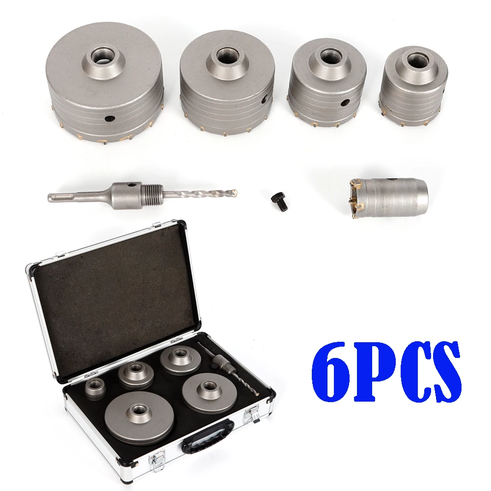 6pcs Concrete Drill Hole Kit 40 / 68 / 80 / 100 / 110 /120mm SDS Plus Shank Wall Hole Cutter Drill Bit Set