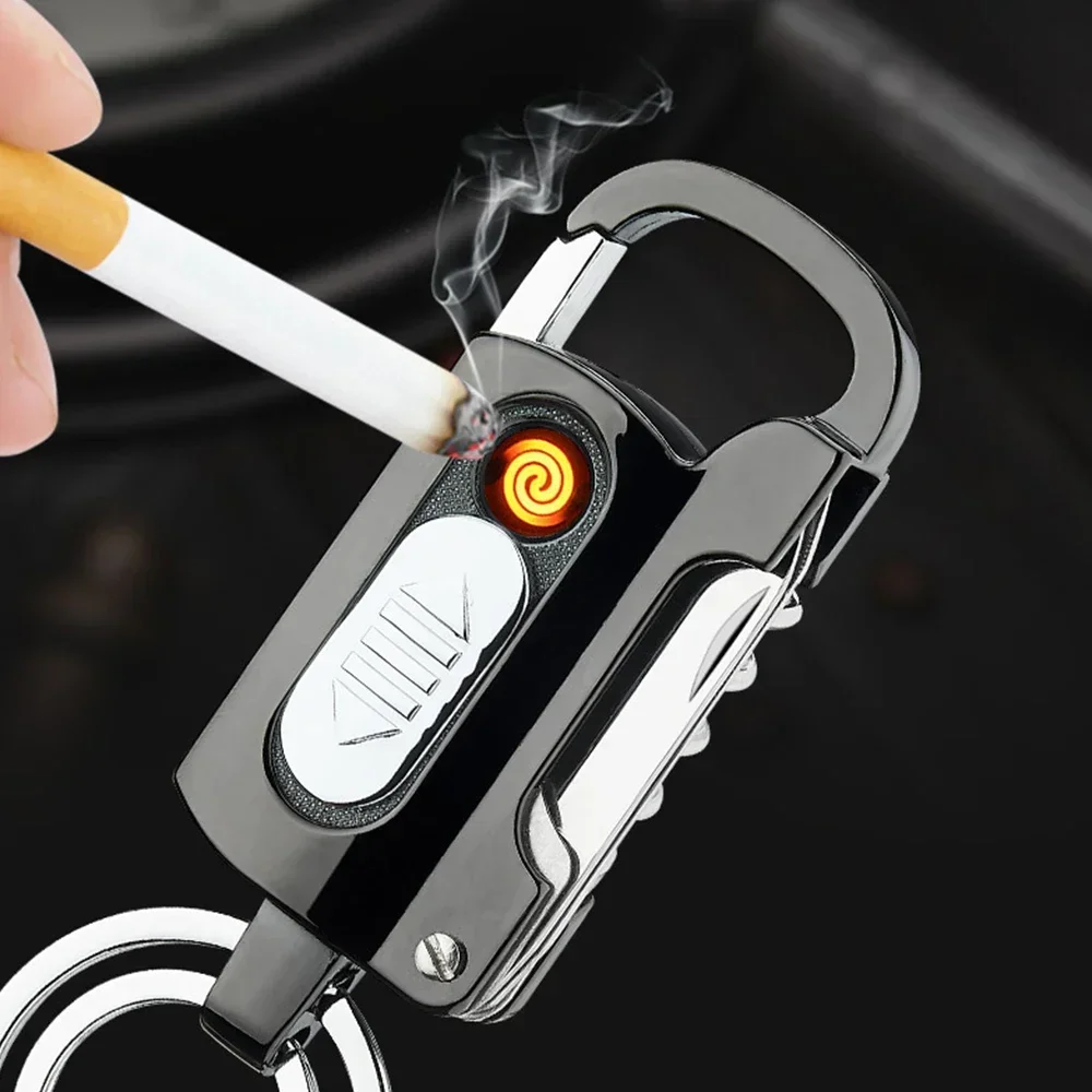 New USB Electronic Lighter Keychain Wine Opener Knife Flashlight One-word Screwdriver Multi-function Metal Windproof Men Gadget