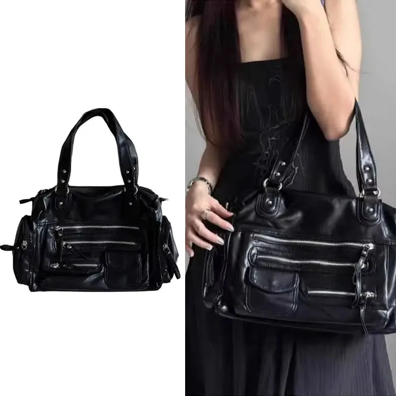

Vintage Punk Women Tote Bags 2025Trend Large Capacity Crossbody Shoulder Bags Mujer Moto Style Multi Pockets Commute Bolso