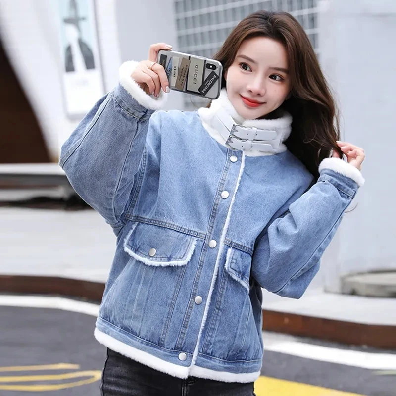 

Fried Street Jeans Jackets Women's Overcoat New Autumn Winter Thicke Warm Parker Coat Loose Belt Buckle Cotton-Padded Jacket