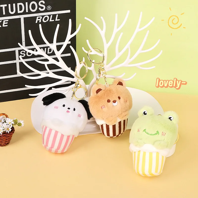 Llavero de peluche Kawaii con diseño de cupcake a rayas, muñeco de dibujos animados de perro, oso, rana, adorno colgante para bolso con forma de cupcake, regalo