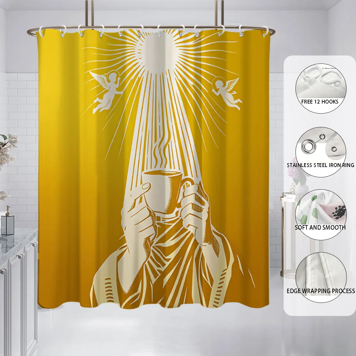 Golden Coffee Cup Angel Print Bathroom 4 Piece Set Luxury Gold Shower Curtain Non-slip Bath Mat Soft Towel Bathroom Decor Set - view 4