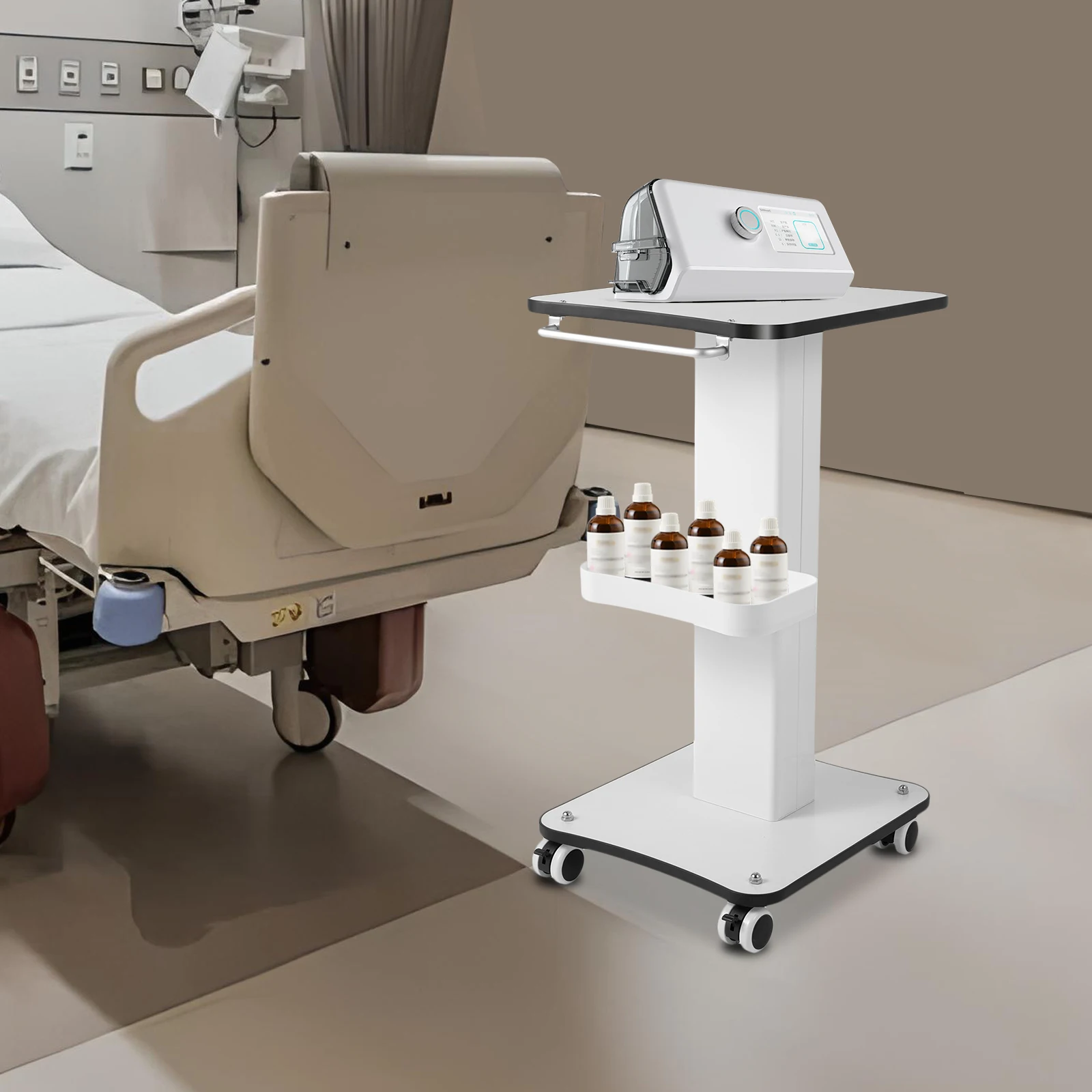 

White Trolley Cart with Brakes, Rolling Cart Stand with Handle for Hospitals Beauty Salon