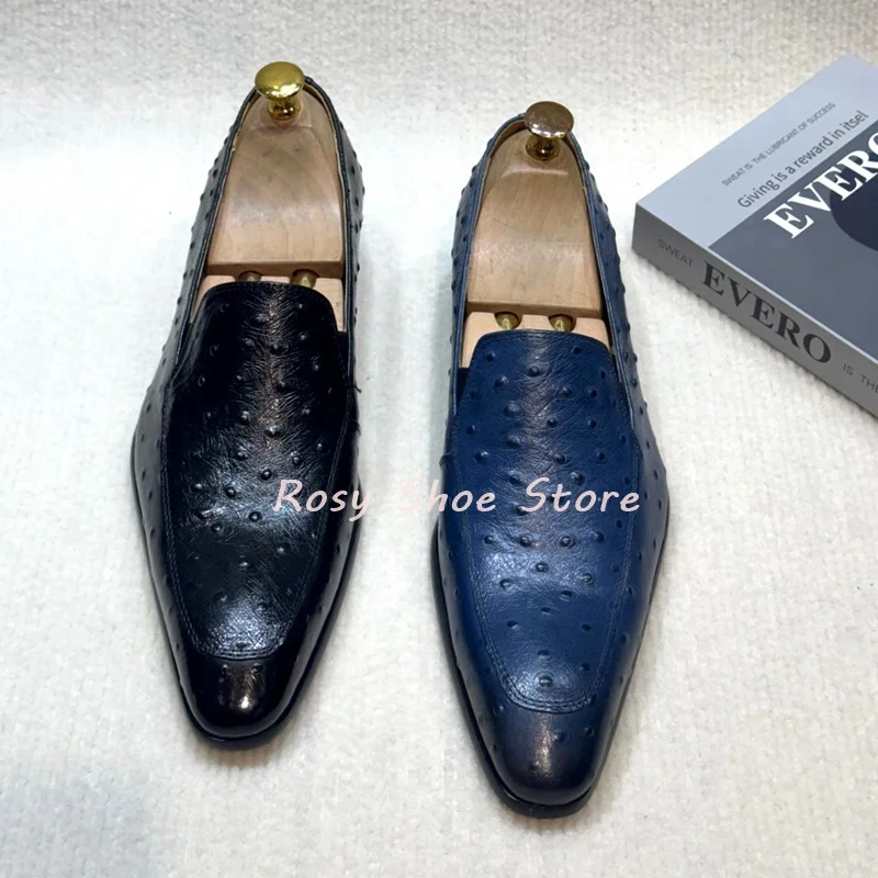 

Vintage Elegant Ostrich Texture Leather Men's Loafers Fashion Navy Blue Comfortable Square Heel Leather Shoe Wedding Party Shoes