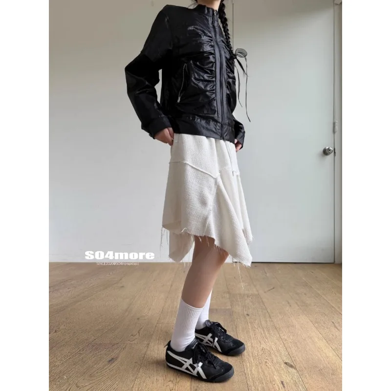 Korean Retro Irregular Loose Casual A-line Skirt Women 2024 Spring New High Waist Solid Color All Match Tassel Knee-length Skirt