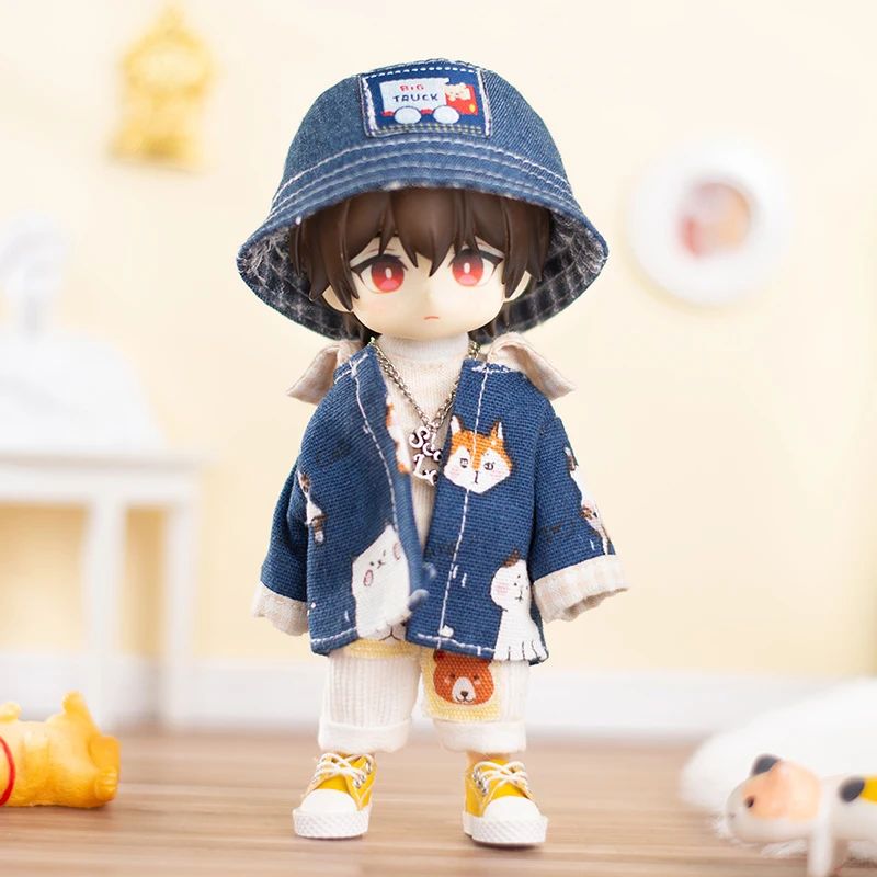 OB11 Doll Clothes Set Cool Boy Long Sleeve Jeans Suit Coat Cotton Fisherman Hat For Obitsu11 GSC Molly 1/12BJD Body Loose Suit