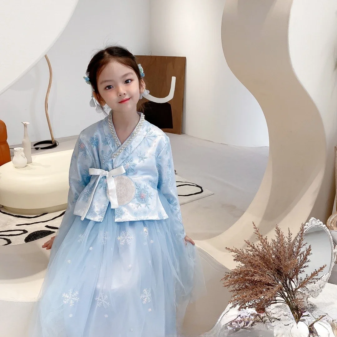 Children Hanbok Girls Blue Pearl Decoration Snowflake Embroidered Top Lace Tutu Dress Cute Korean Folk Princess Dance Costume